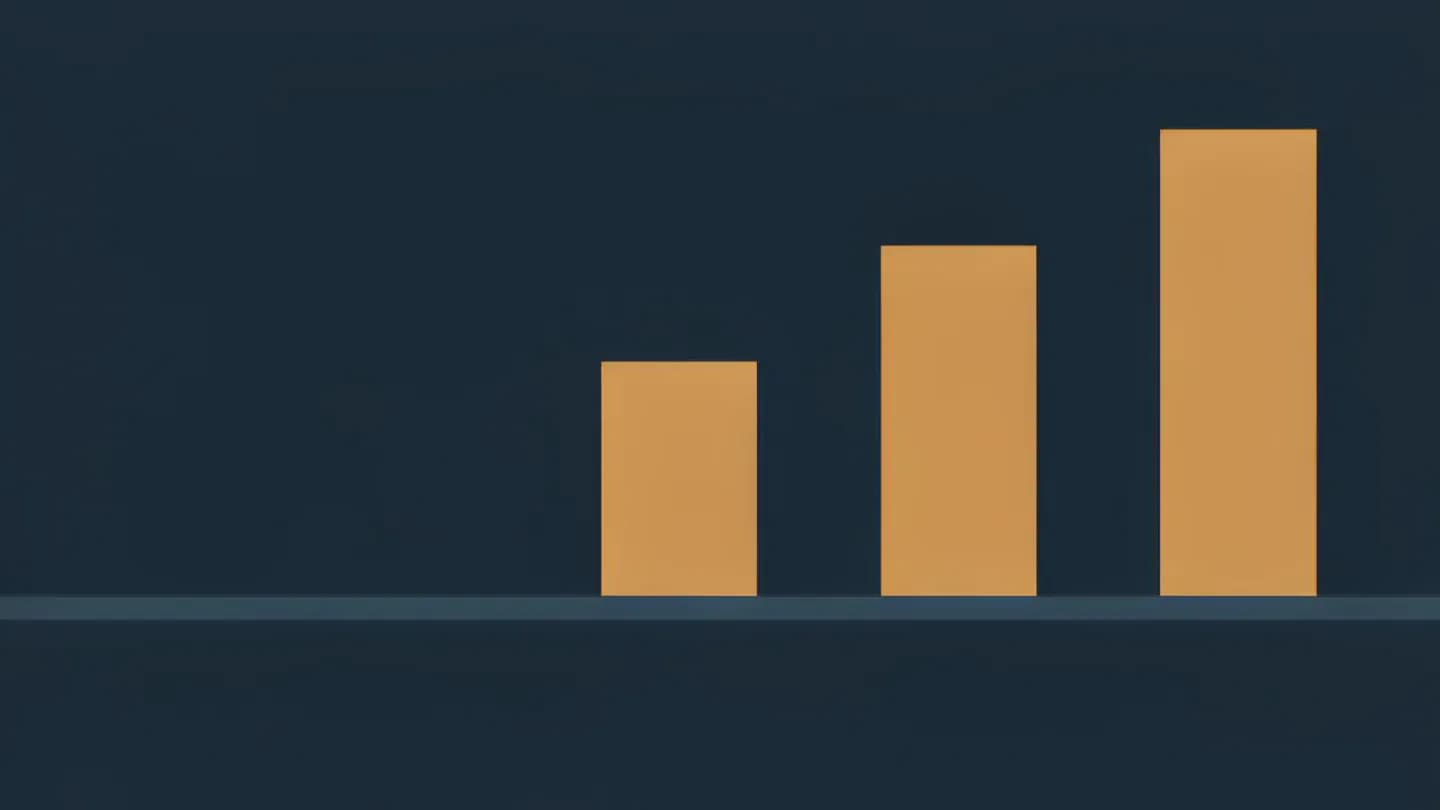 Flat illustration: three ascending amber bars of increasing height on a dark navy field, with a low slate barrier line in front of them