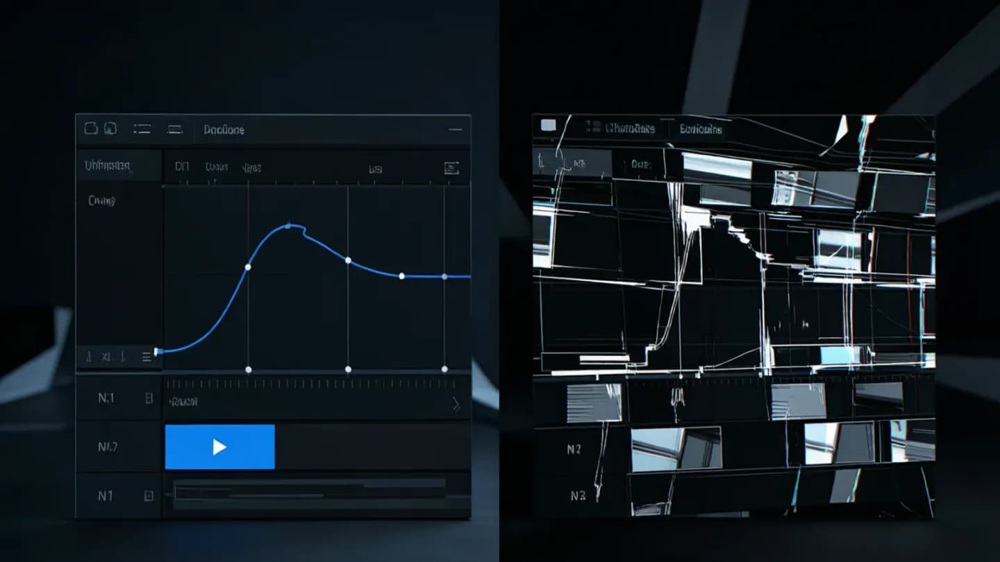 A split-screen comparing a stable clip with a drifting AI-generated one.