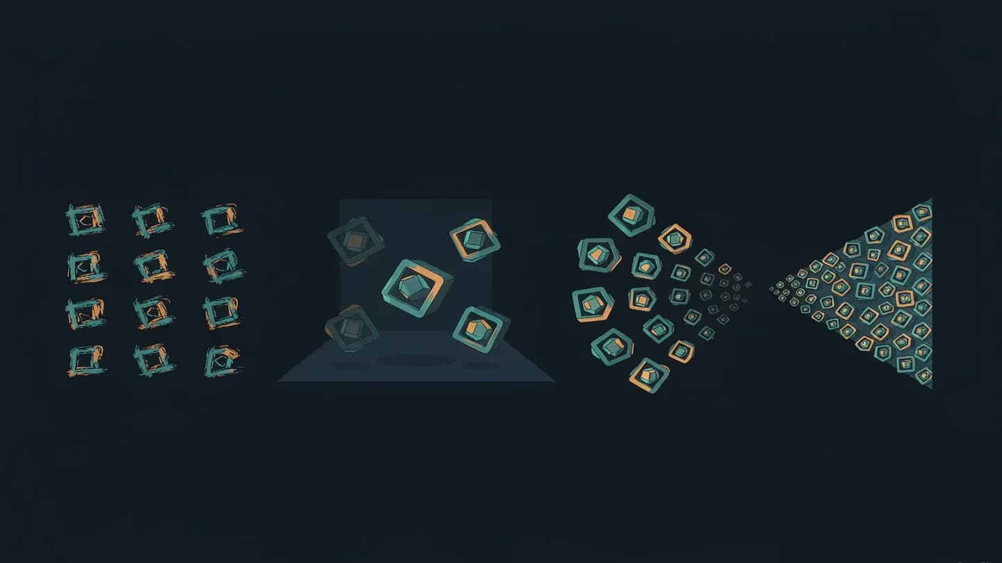 Diagram of three AI video workstreams, concept sketches, generated product scenes and test variants, converging into one finished frame