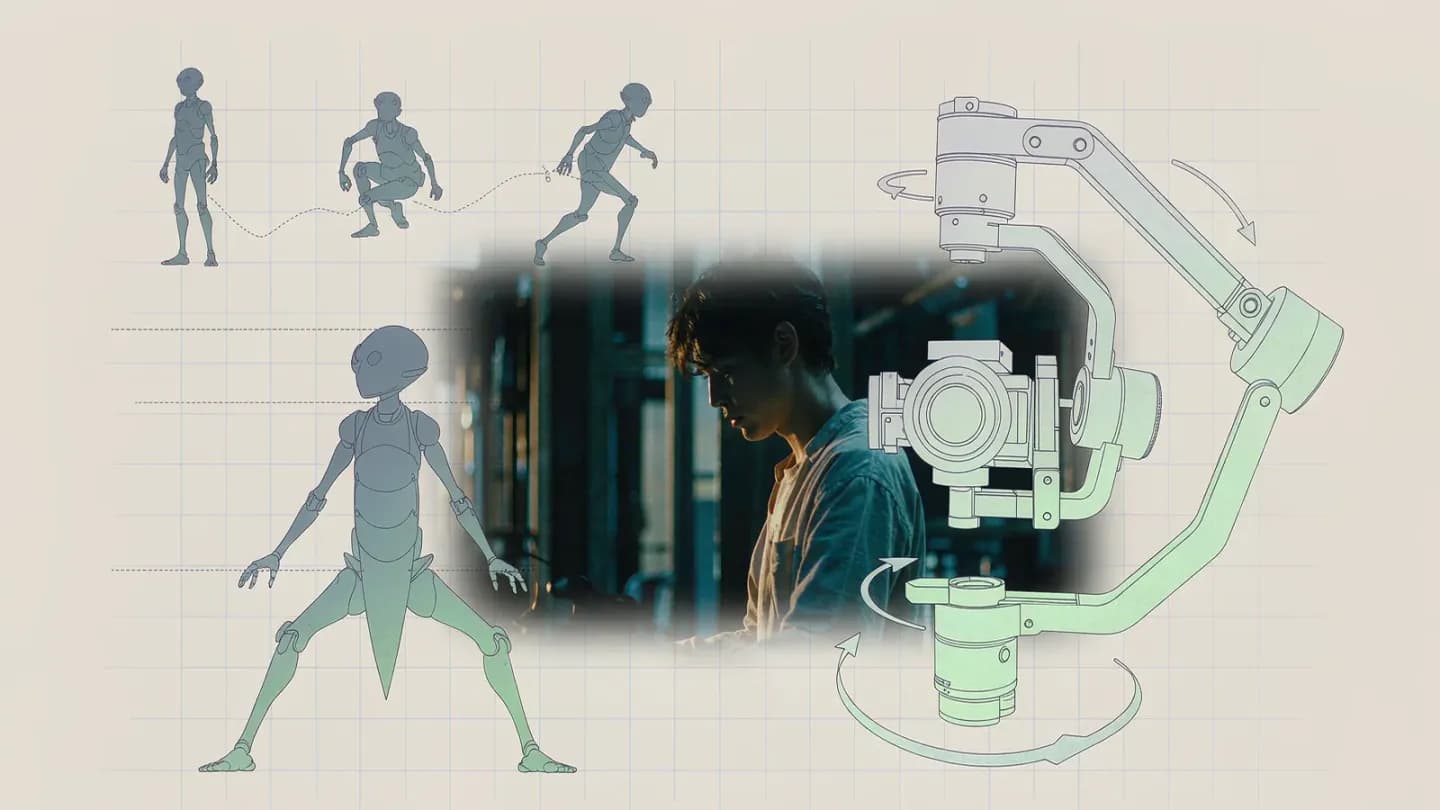 A character reference sheet and camera diagram overlaid on a generated video frame