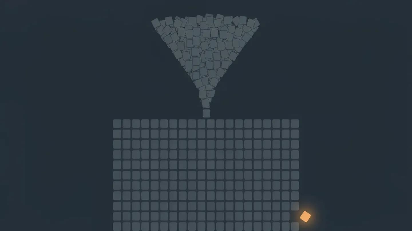 A funnel pouring identical video frames into a grid, with one amber frame breaking free of the pattern