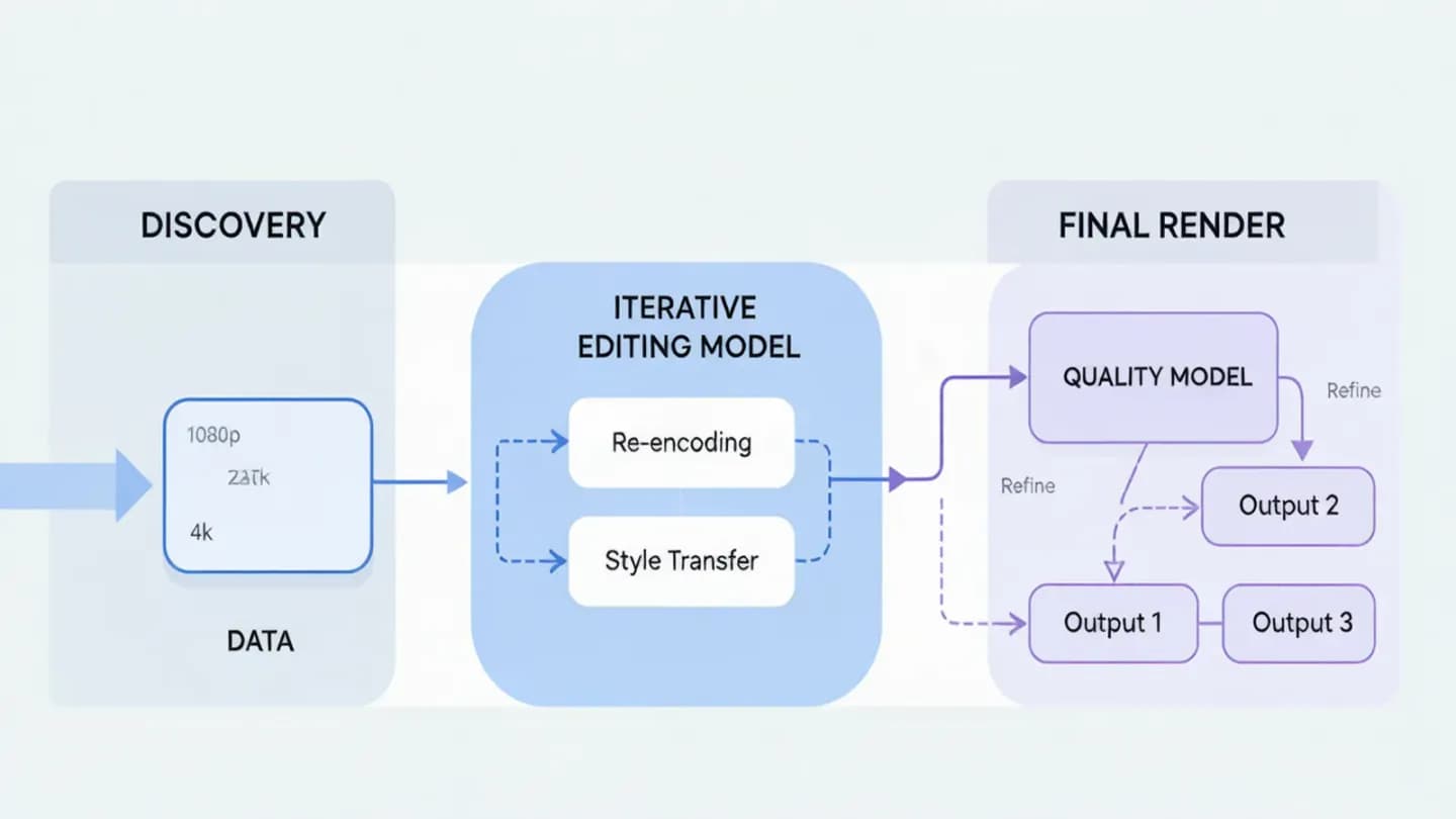 An infographic diagram of a two stage pipeline routing iterative editing to one model and final rendering to another