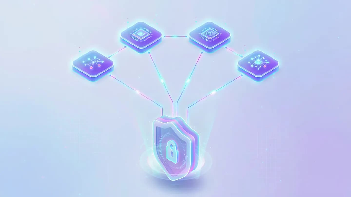 An abstract pipeline of four connected AI models feeding a locked brand reference