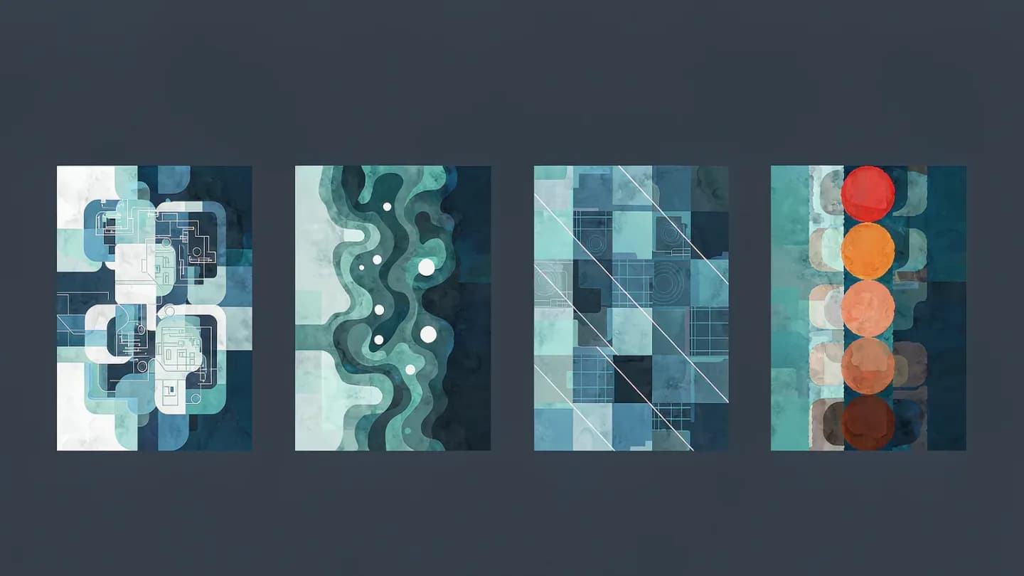 Four abstract panels on a muted navy field, each a different texture, representing separate modules of a video prompt.