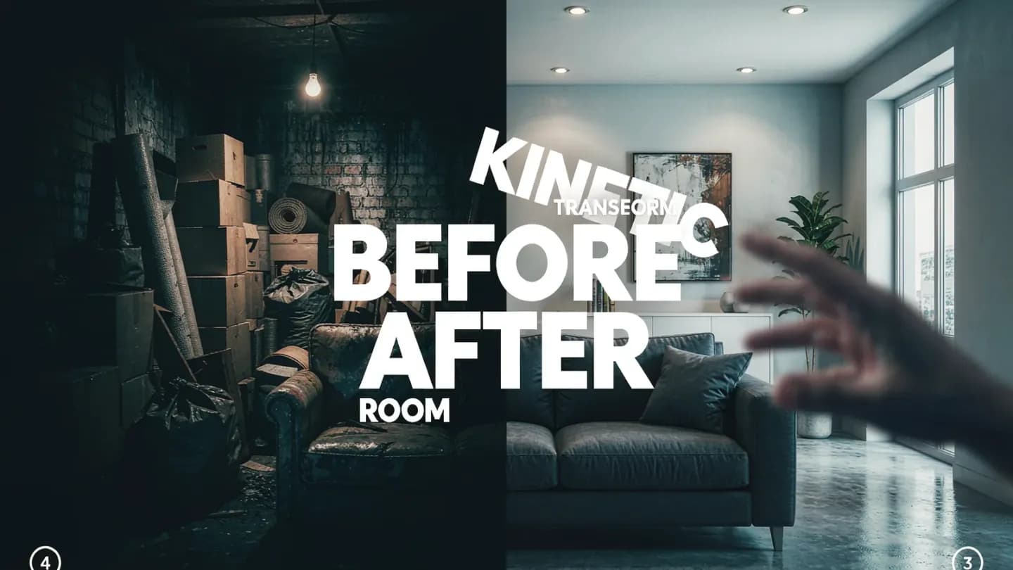 A room transforming through one continuous camera move with kinetic on-screen text
