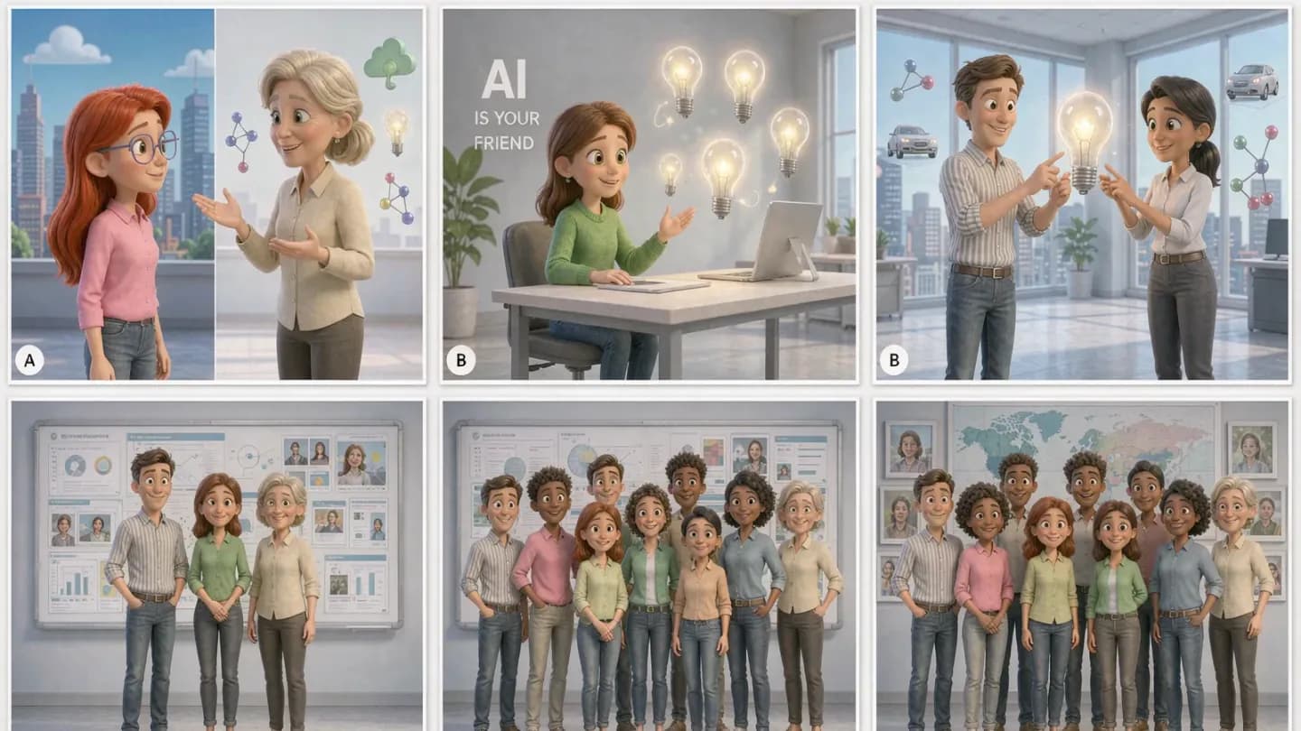 Split-screen storyboard showing multiple connected shots of one brand video with consistent visual style.