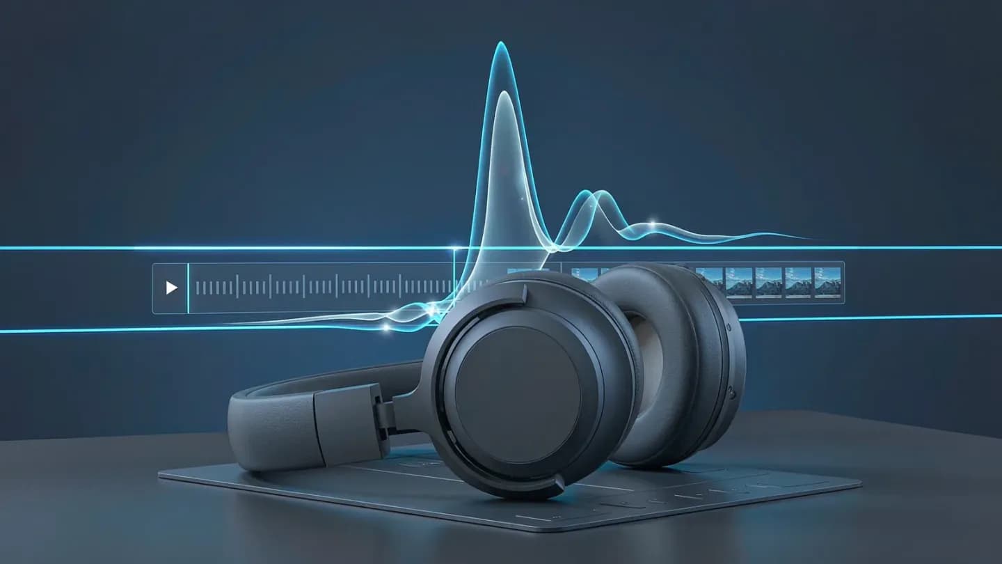 A sound wave merging into a video timeline beside a pair of headphones on a desk
