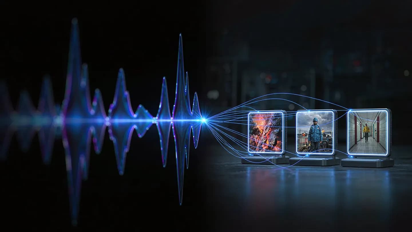 A waveform and three reference images connected to a single generated video frame