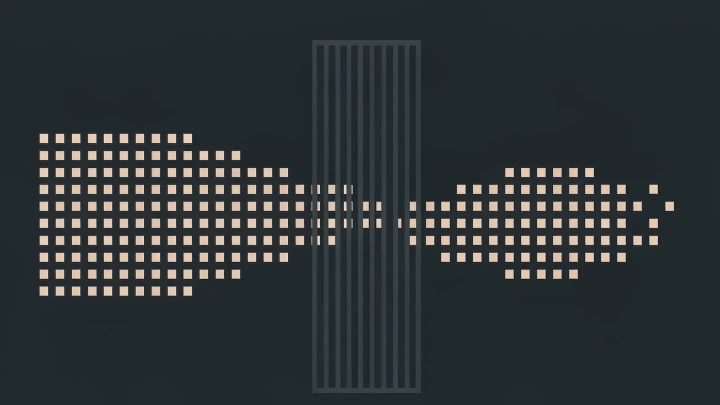 Flat illustration: a grid of small pale squares flowing left to right on a dark navy field, held back at a tall vertical slate gate