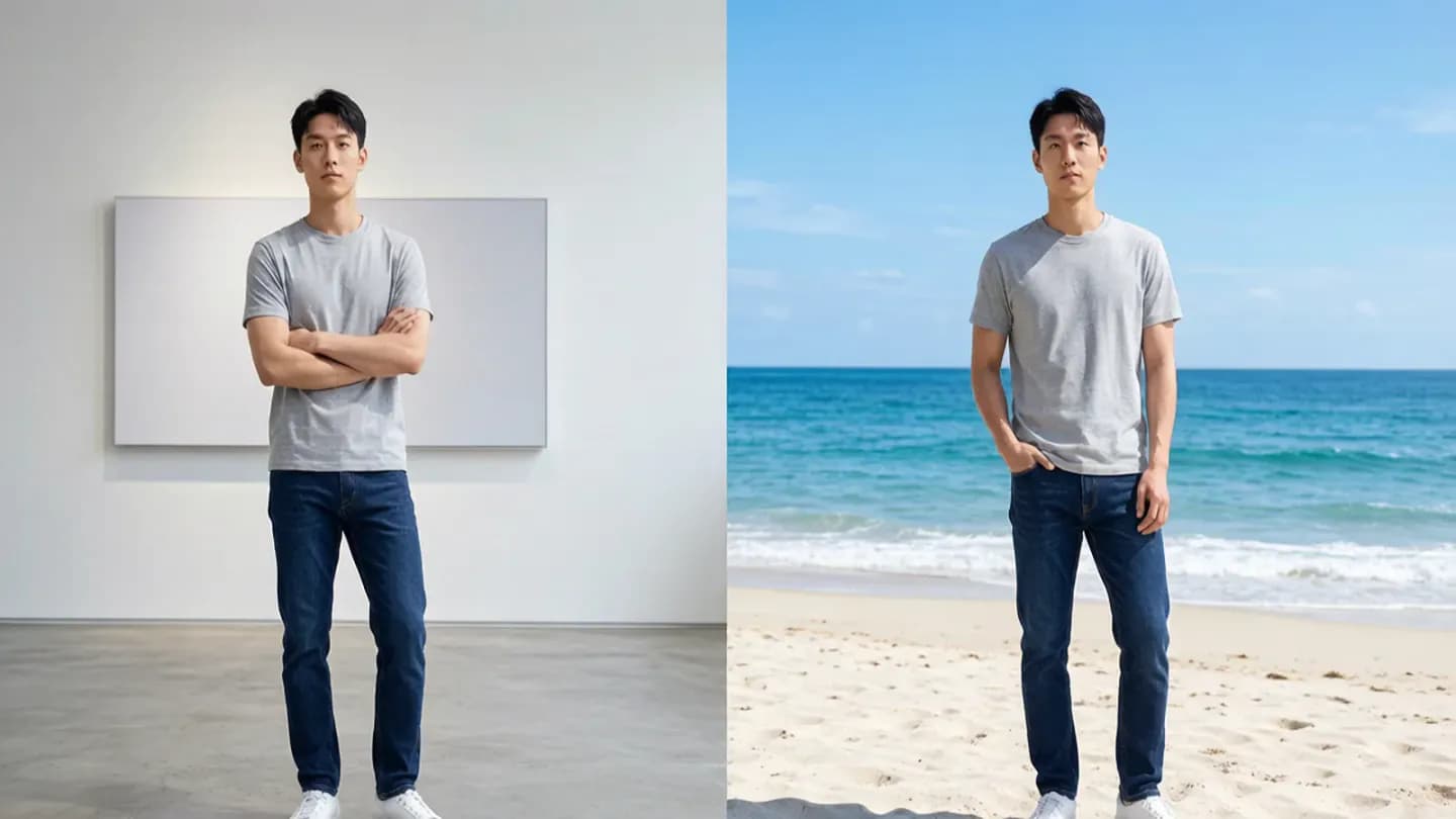 Same actor and camera angle in an indoor showroom and an outdoor seaside, showing a background swap
