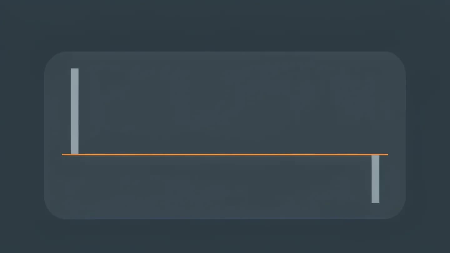 Flat muted navy panel with one amber benchmark line and two bars sitting far apart above and below it