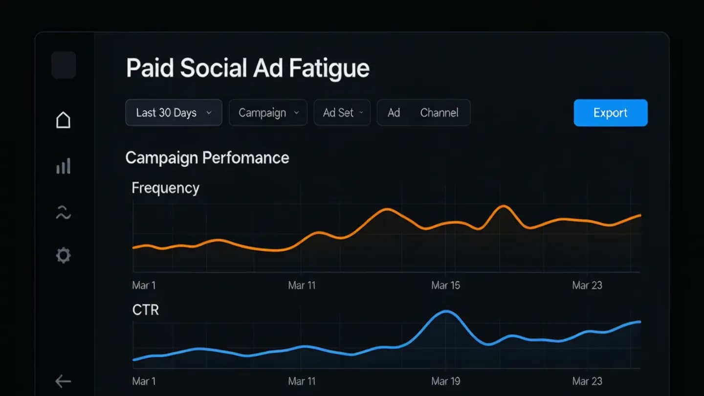 Analytics dashboard displaying frequency, CTR, and CPA drift line charts for paid social ad fatigue