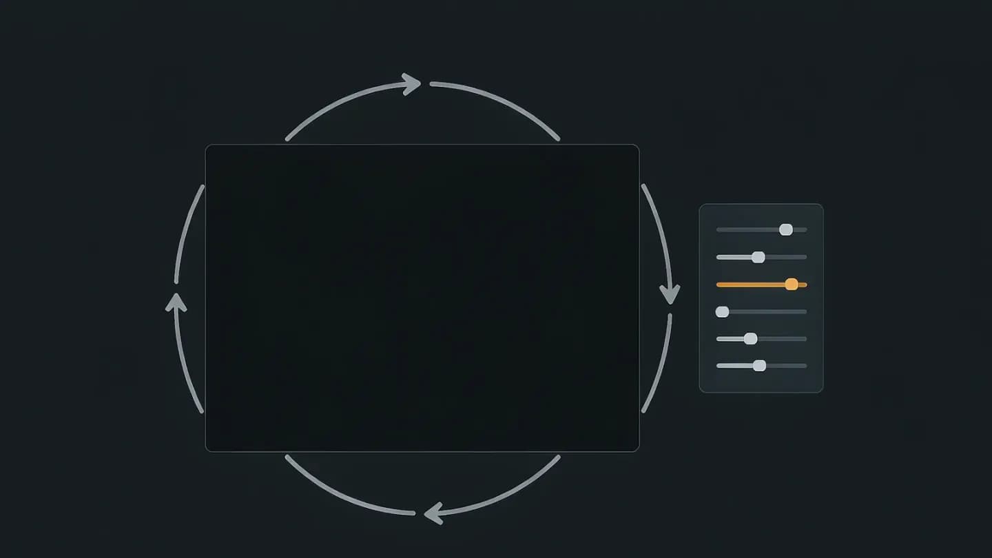Illustration of a video frame beside a parameter panel with one amber-highlighted slider and a circular re-render arrow on dark navy