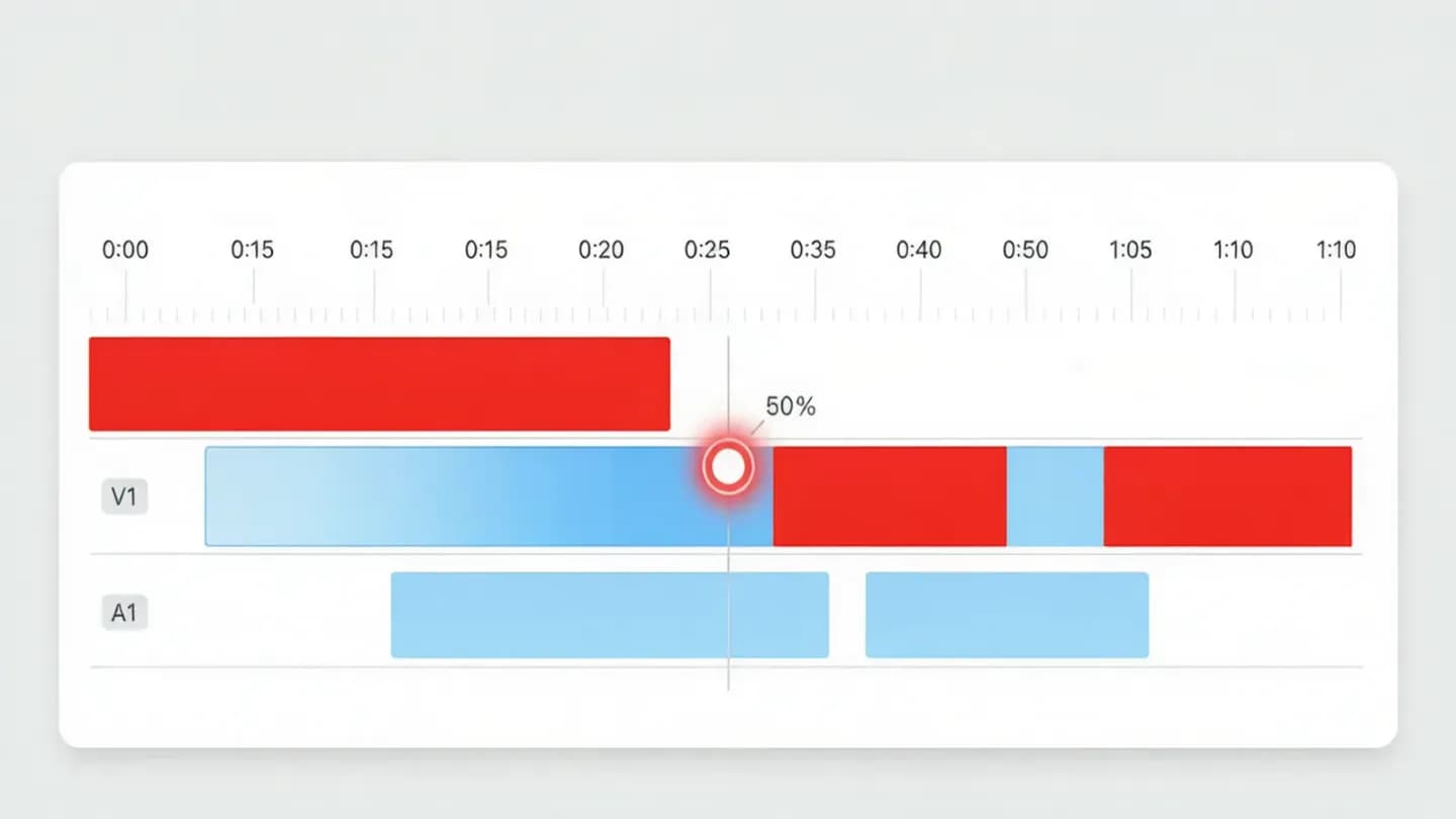 A video editing timeline with the midpoint payoff and early drop-off zones marked