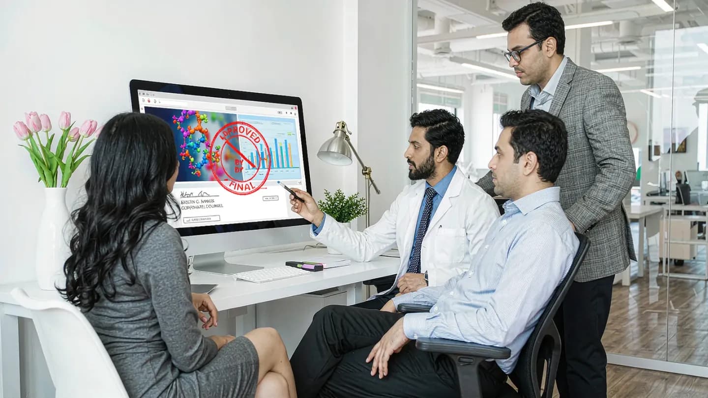 Marketing and legal reviewers assessing a synthetic product demo video.