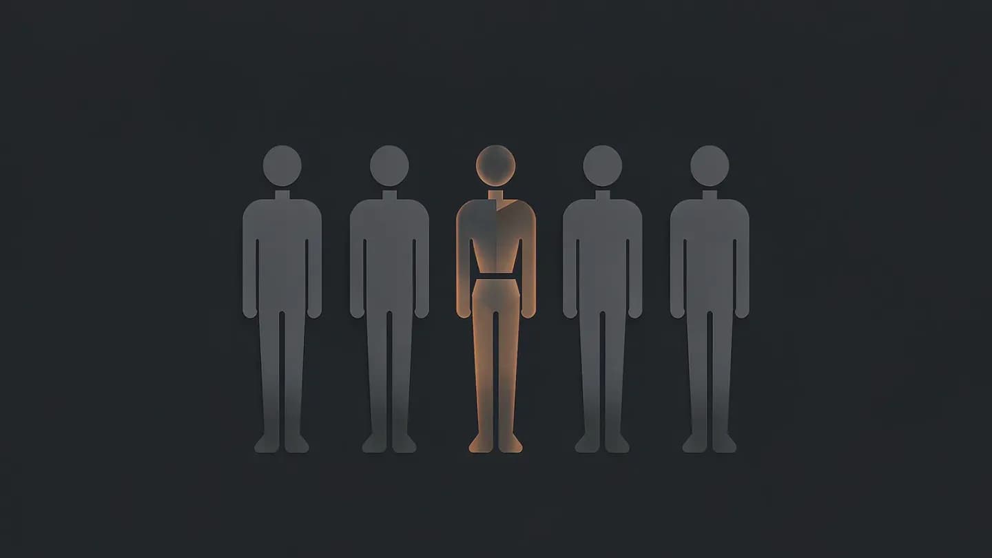 A row of five figure silhouettes on a dark navy field, the middle one geometric and amber while the others stay grey