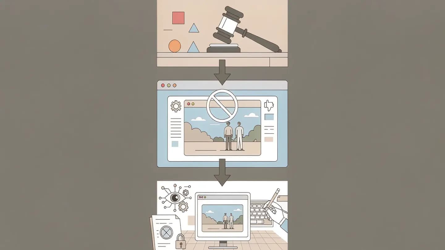 Three enforcement layers — law, platform, and algorithm — acting on AI video ads