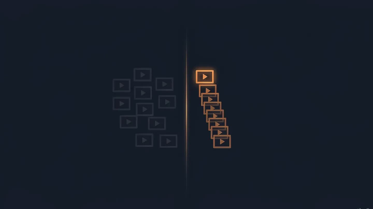 Scattered video frames sort into an ordered glowing stack behind a luminous divide as the creative verdict moves ahead of the spend