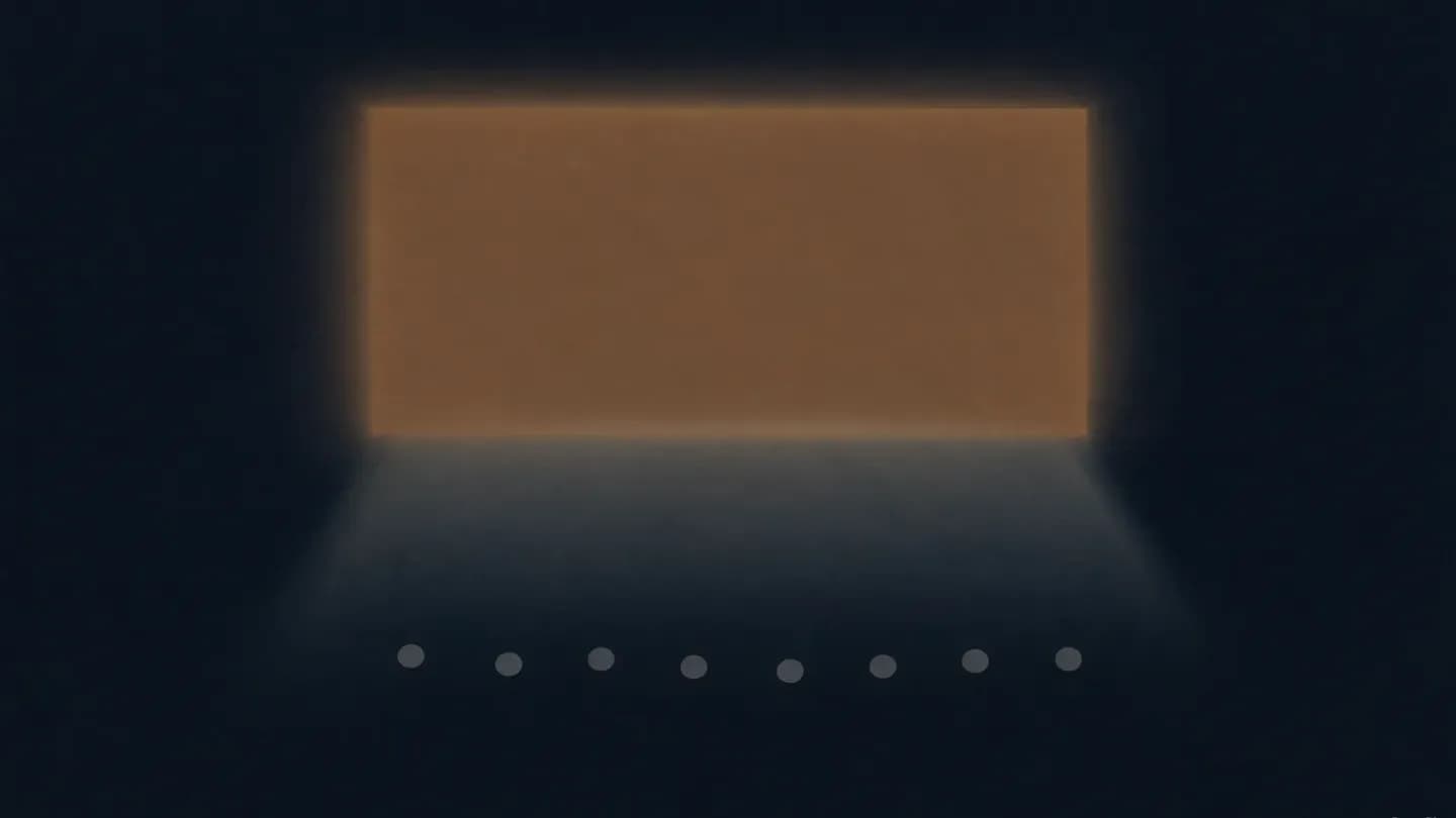 A large glowing amber cinema screen with a cone of light over a small audience of grey dots on a dark navy background.