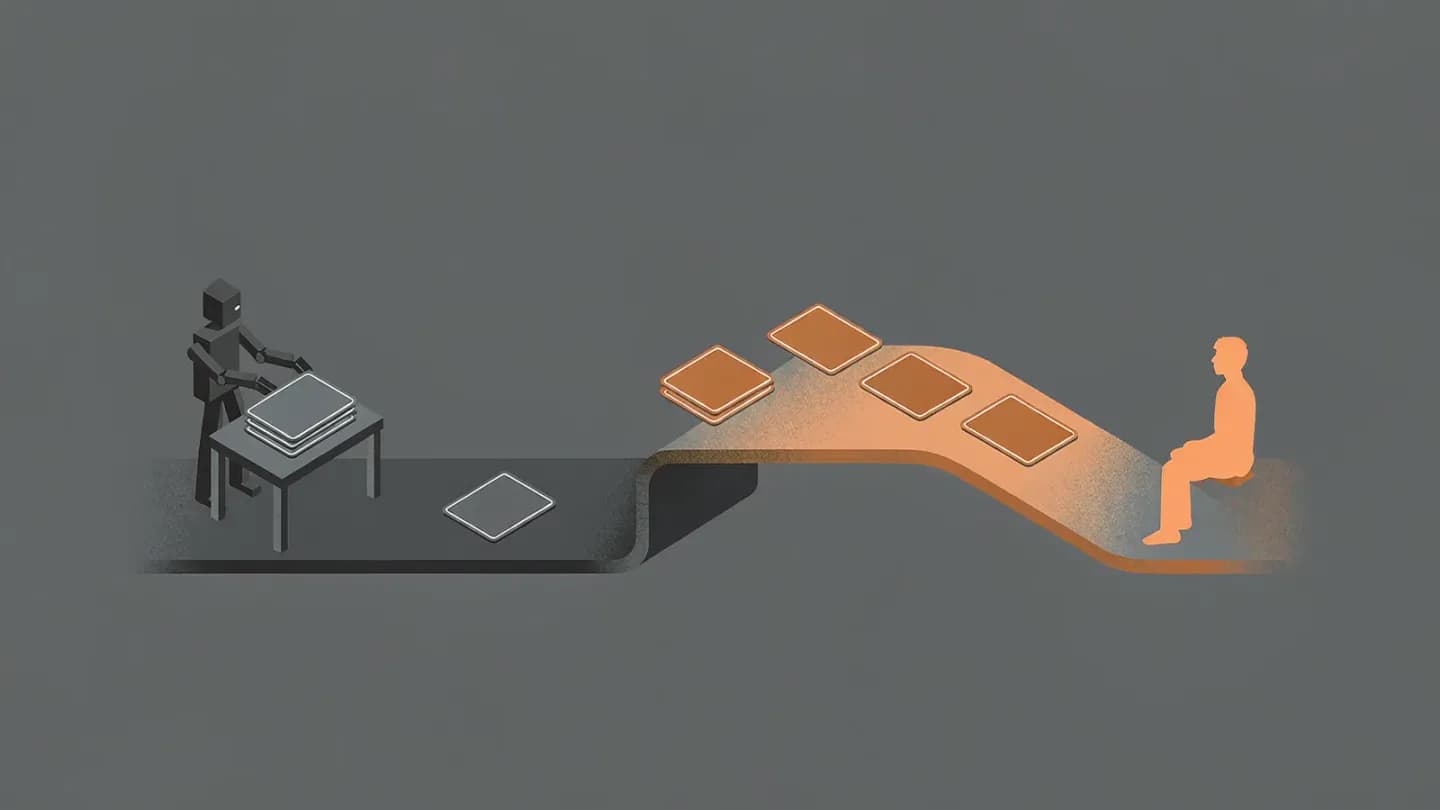 Isometric flat vector scene of a timeline split into a grey preparation lane where a small robot sorts media cards and a warm amber creative lane facing a seated person