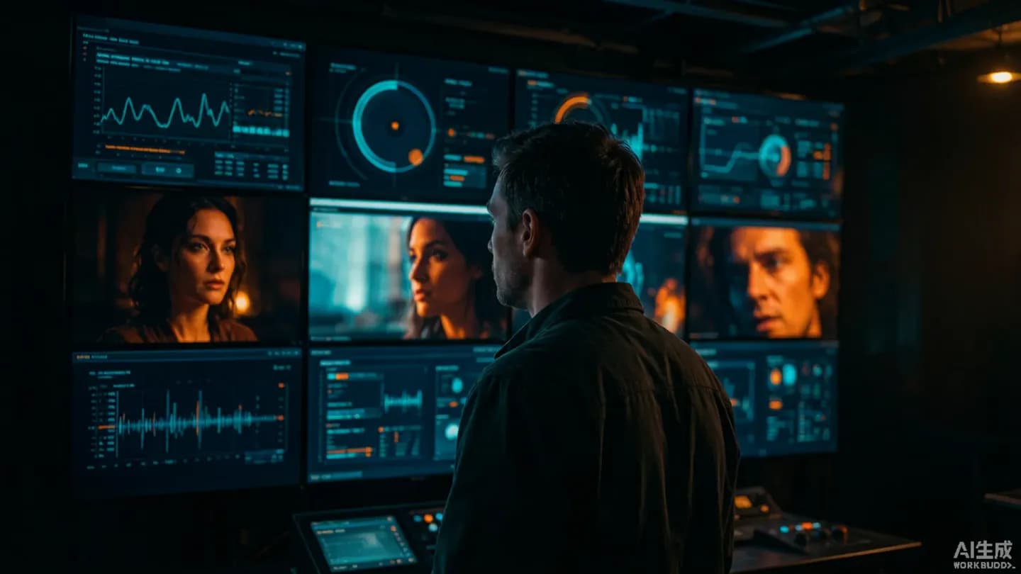A film producer studying AI-generated storyboards across a grid of monitors in a darkened control room