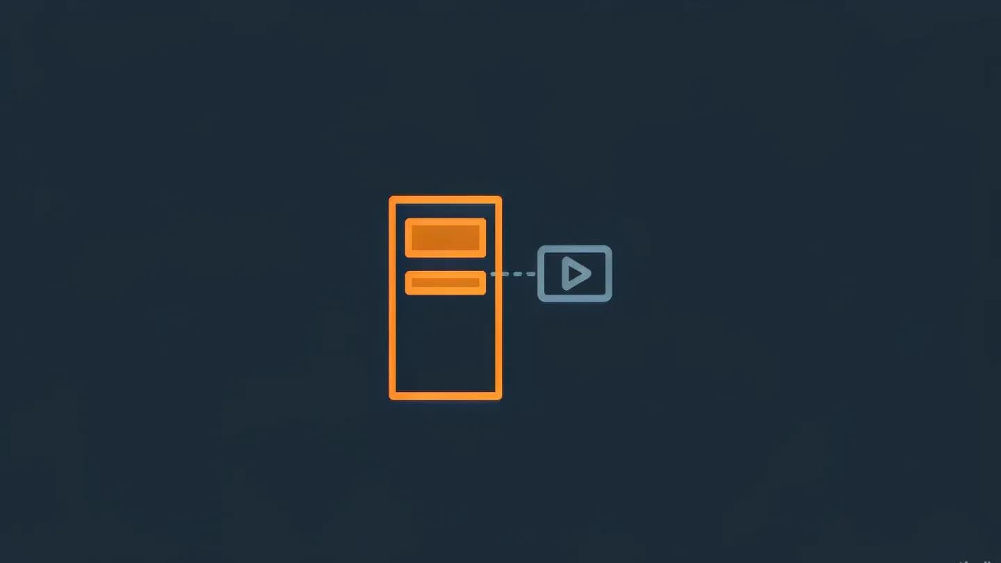 Flat editorial illustration on a dark navy background showing a product page wireframe on the left connected by a dashed line to a smaller video play block on the right.