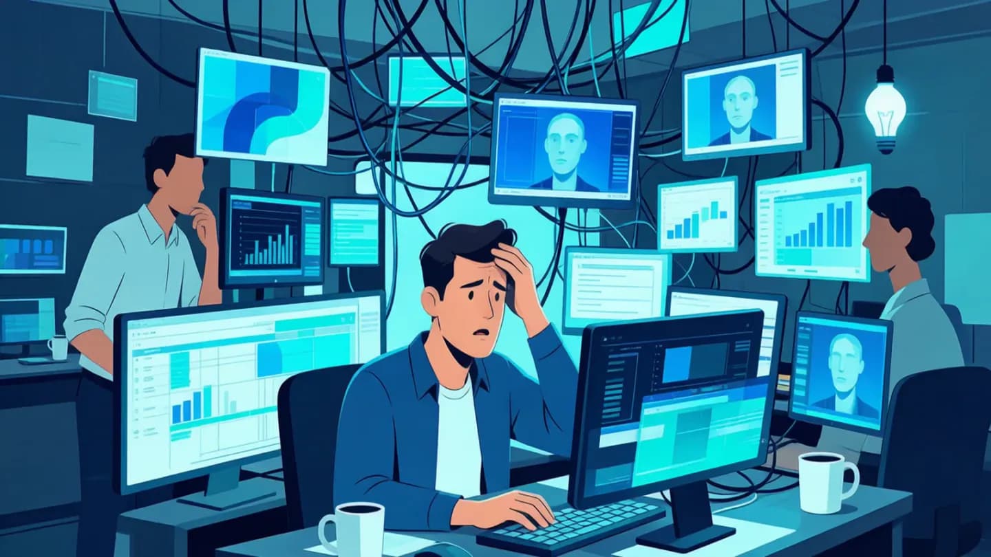 A small team surrounded by many raw AI video clips on screens
