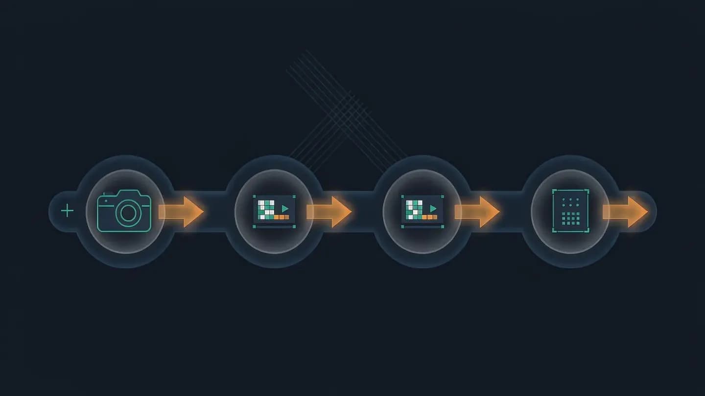 Vector illustration of a four-stage AI video production pipeline from reference photo to finished clip