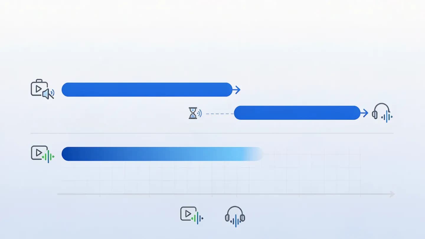 Production timeline comparing sequential dubbing with single-pass co-generation