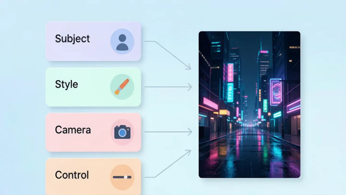 Four prompt modules combining into one consistent generated video frame