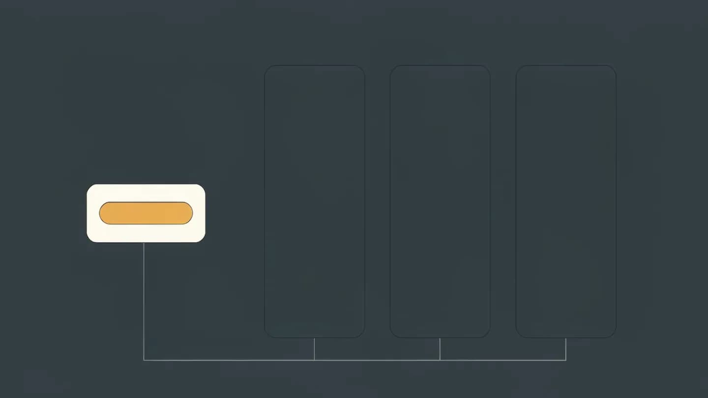 Flat vector diagram of a small instruction card linked by thin lines to three empty standing panels
