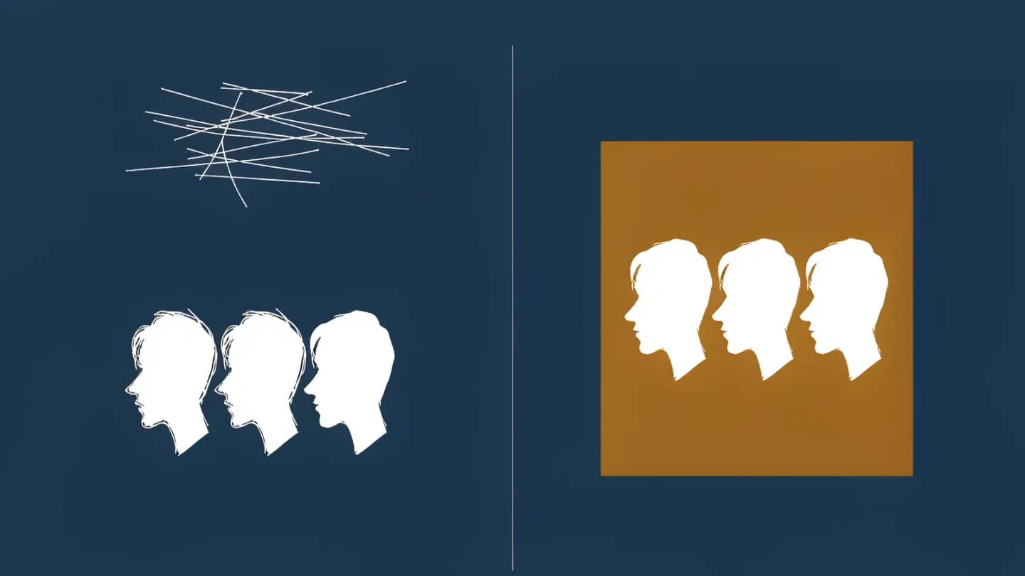 Split diagram showing a text description fracturing into different faces beside one reference image replicating identically