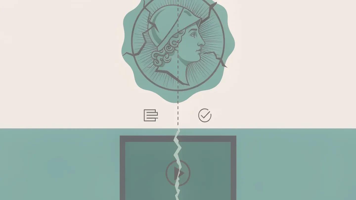 Illustration of a provenance seal detached from a video frame, showing a broken chain of custody