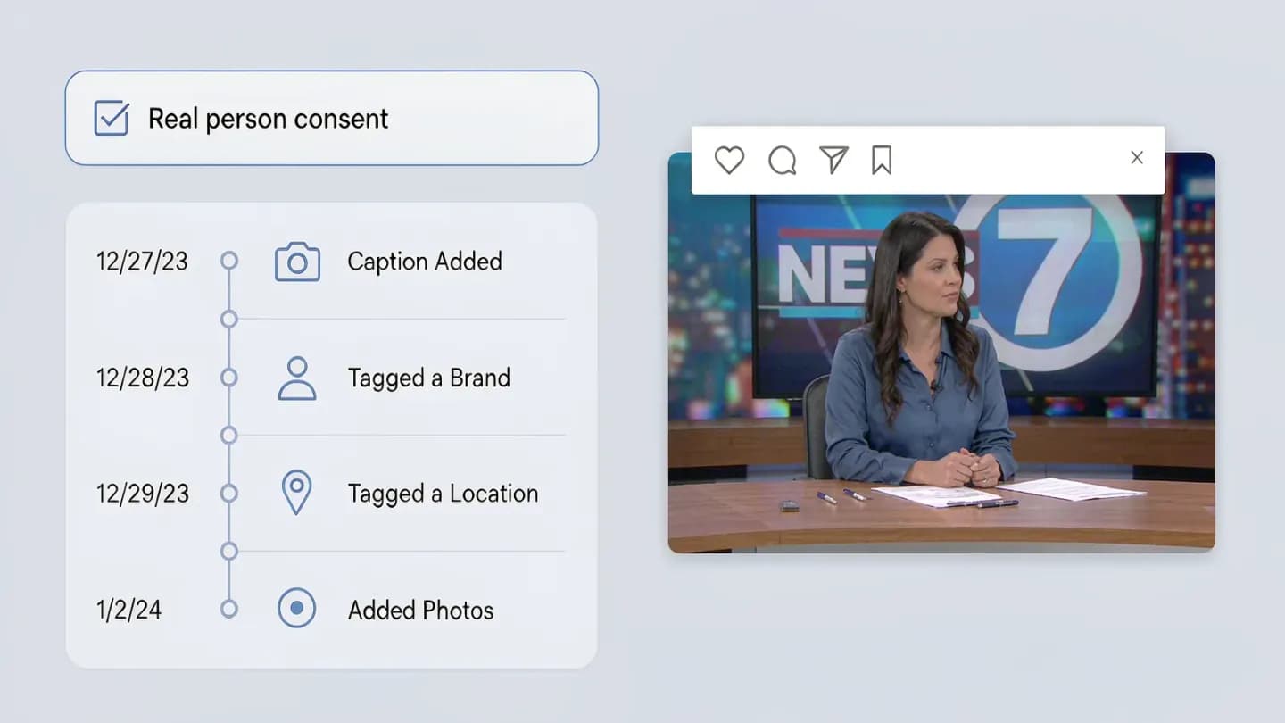 Content Credentials overlay on a video frame showing edit history and consent status