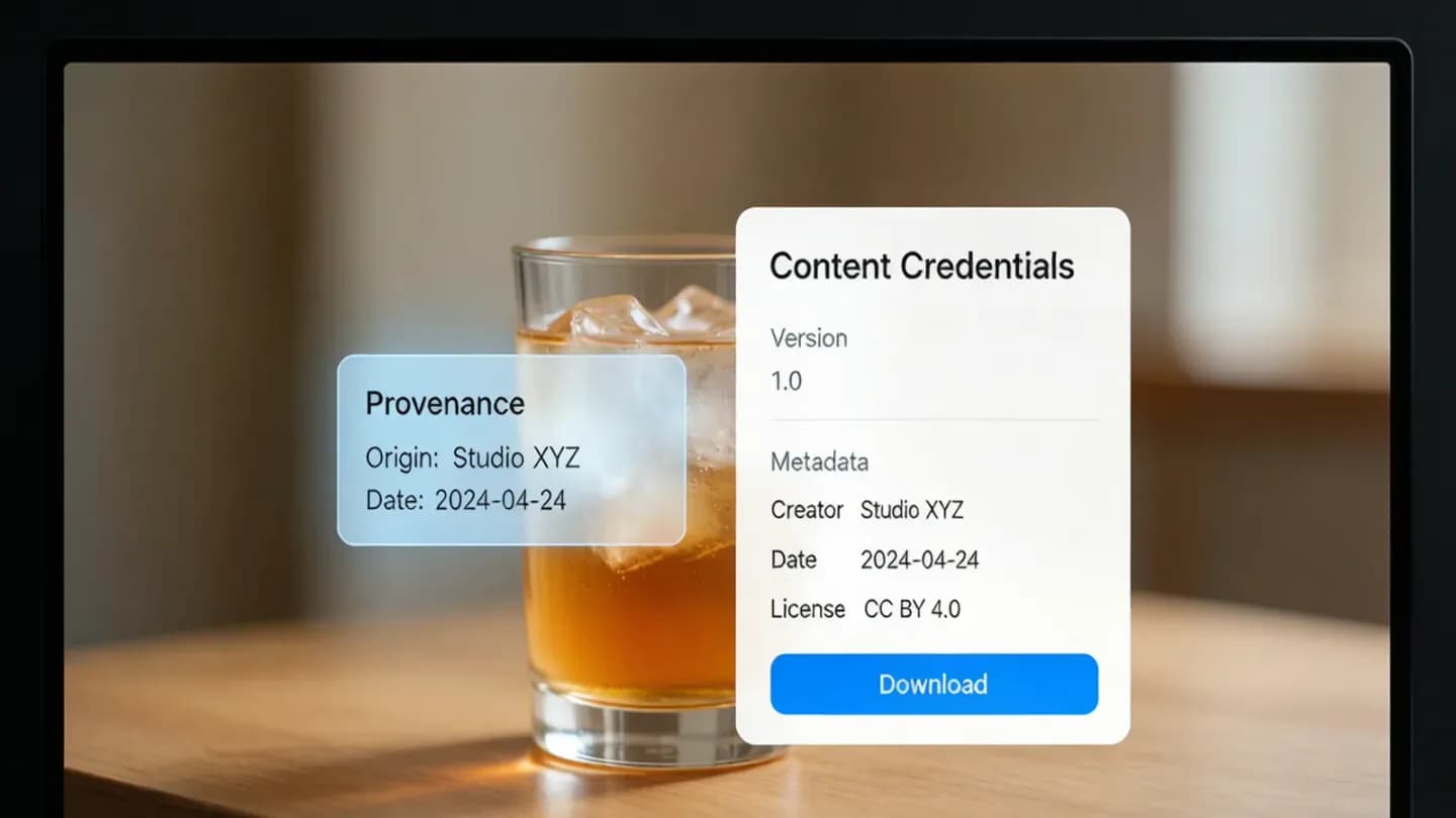A commercial video frame displaying a Content Credentials provenance metadata overlay