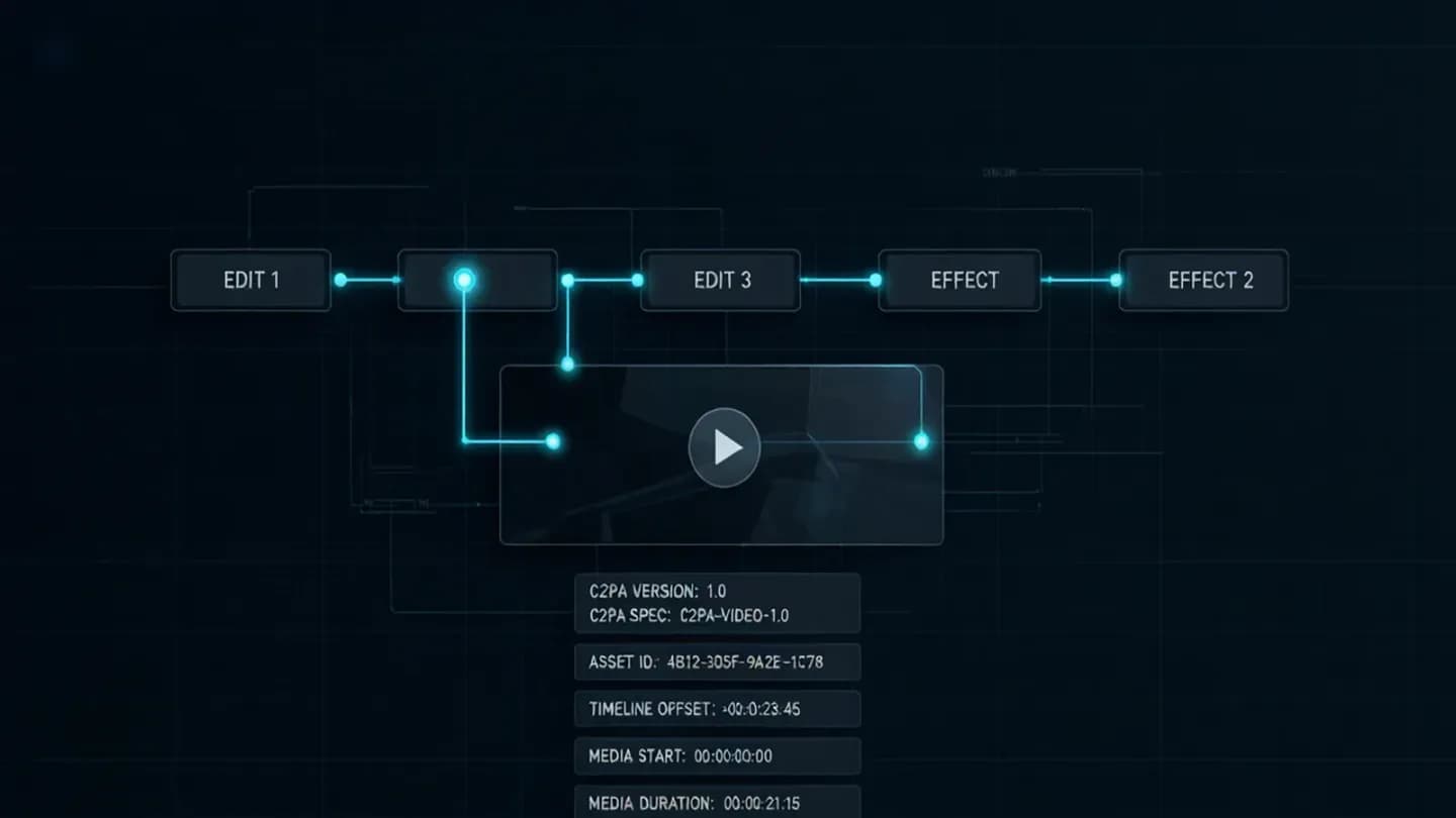 A blueprint style illustration of a provenance manifest linking a sequence of edits to a single video asset