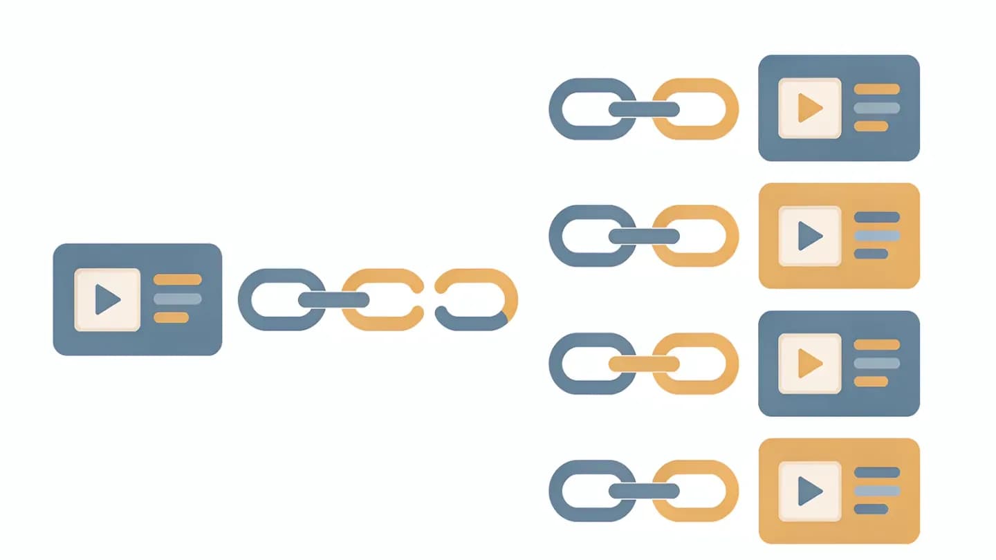 Flat vector diagram of a master file splitting into renditions with a broken link on one path and a reconnected link on the other