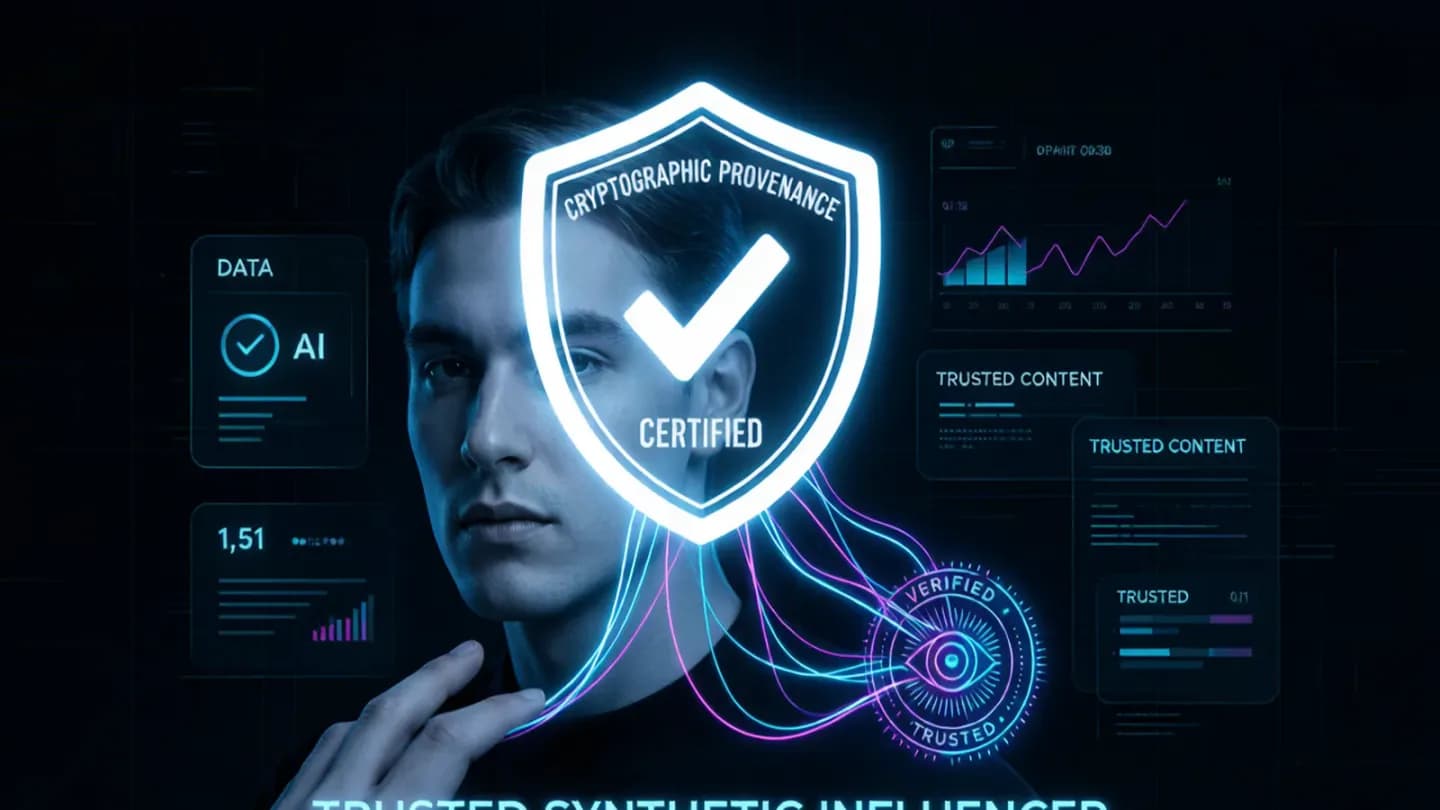 A provenance certificate overlaying a synthetic influencer portrait