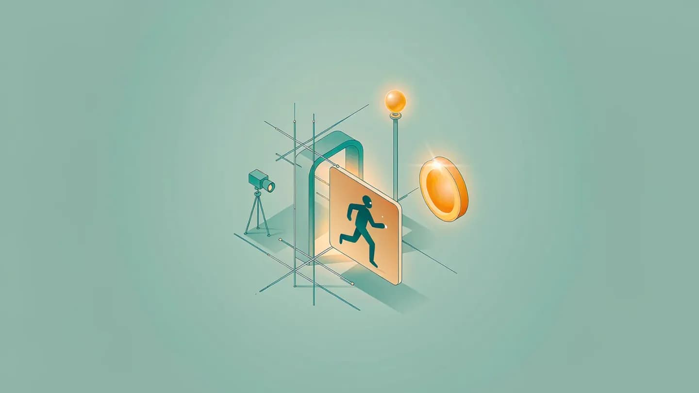 Isometric illustration of a QA checklist gate screening a video clip before a buy button