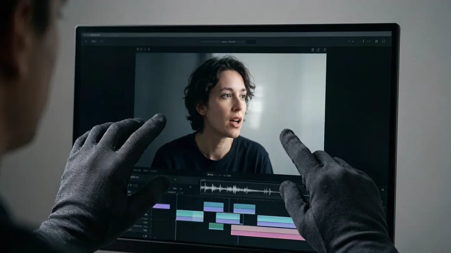 A QA reviewer inspecting generated video frames on a monitor for artifacts
