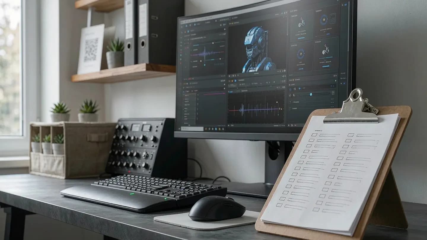 A readiness checklist clipboard beside a video editing workstation showing AI model panels