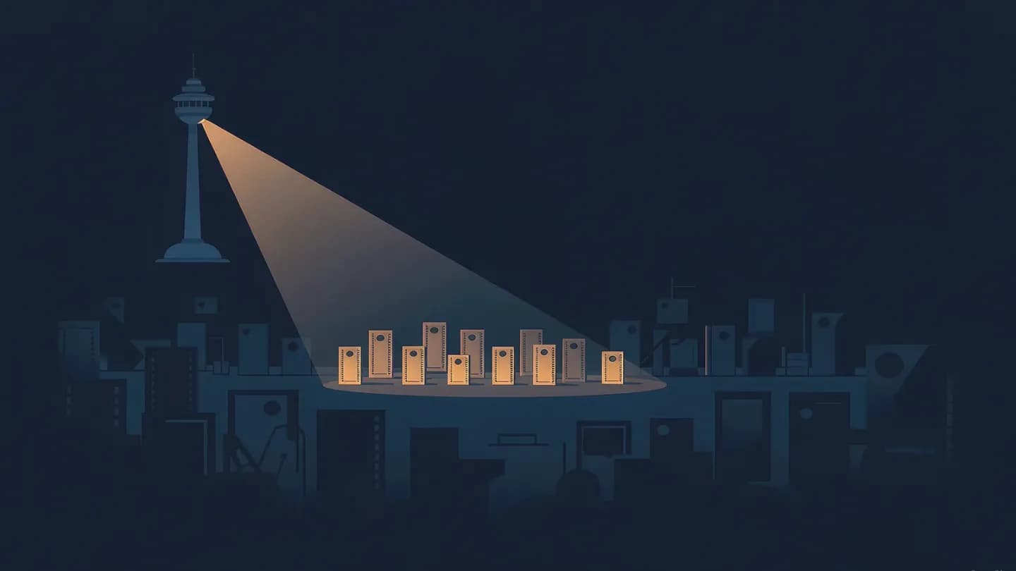 An amber beacon tower at night casting a wide cone of light over rows of film panels in a dark navy studio complex