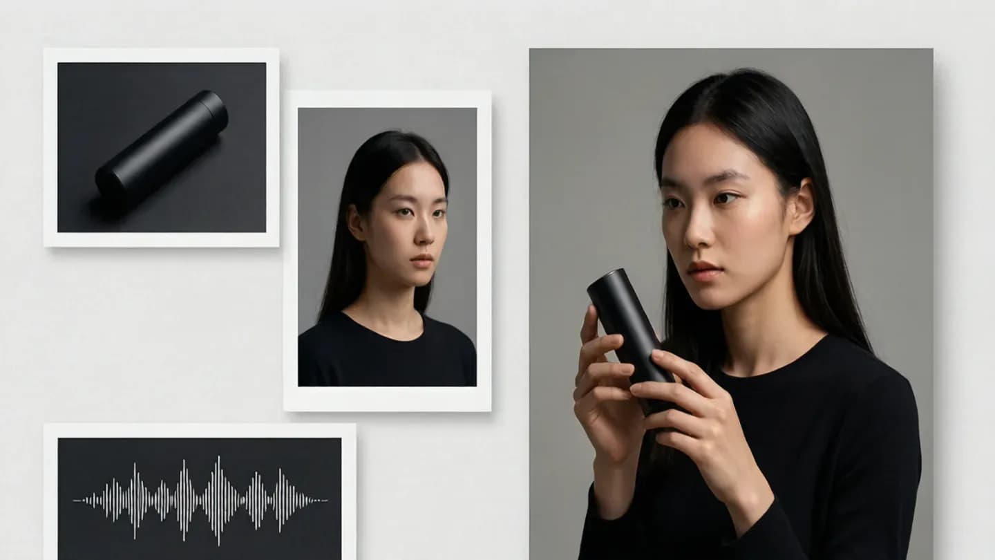 Reference cards of a product, character, and audio waveform feeding a generated video frame