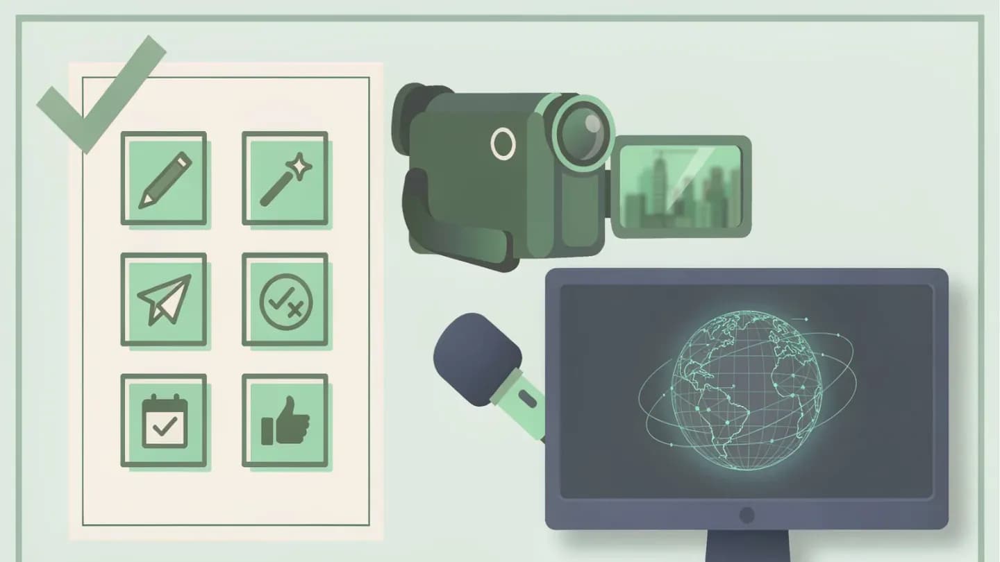 A six-step review checklist beside a video frame on a monitor in flat vector style
