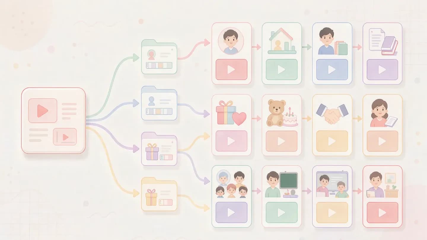 Flat illustration of one video template branching into many personalized recipient variants.