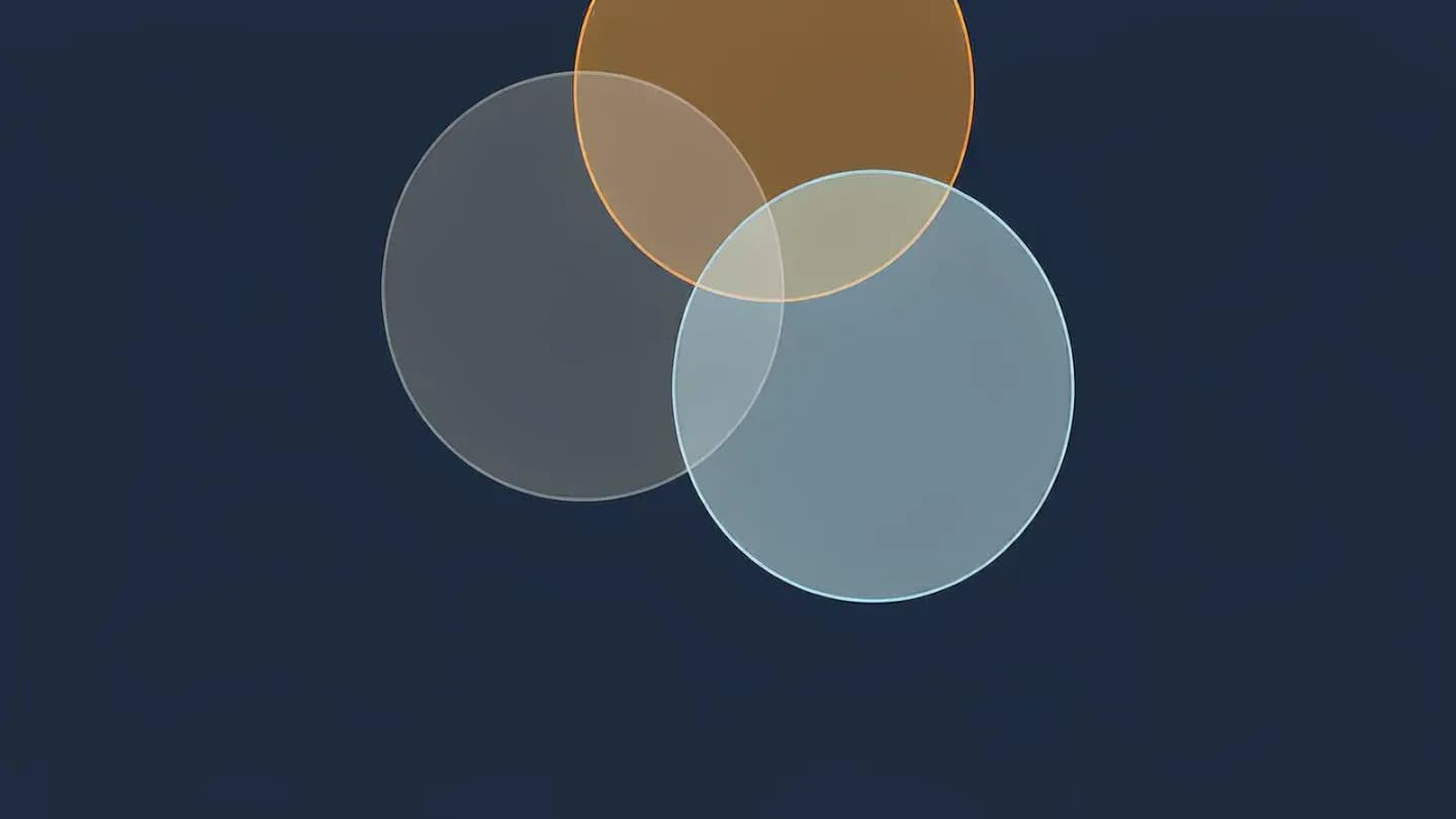 Three large translucent circles in amber, slate grey and pale blue overlapping in a triangle on a flat deep navy field, with lighter shared regions where they intersect.