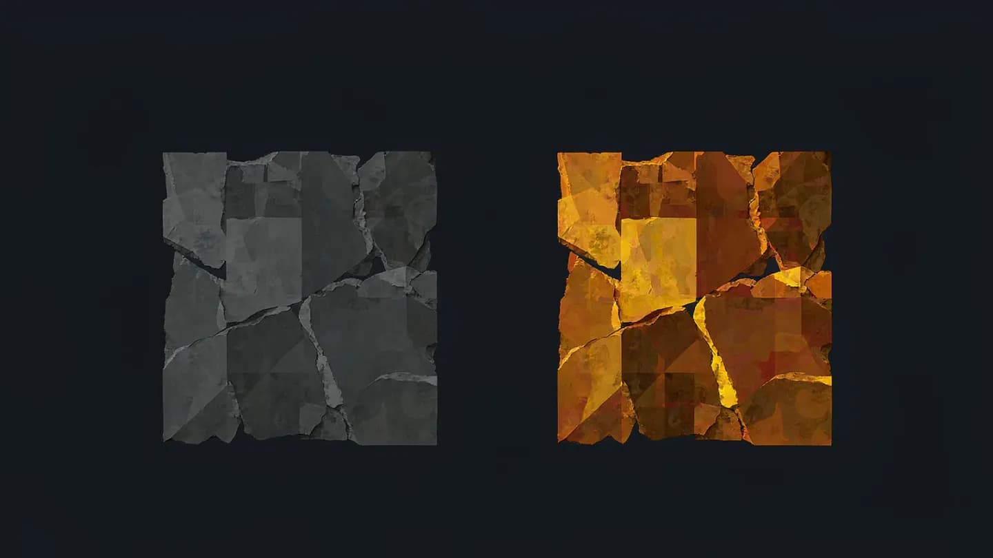 Two flat squares side by side on a deep navy field: on the left a coarse blocky slate grey square, on the right a denser warm amber square built from much finer facets.