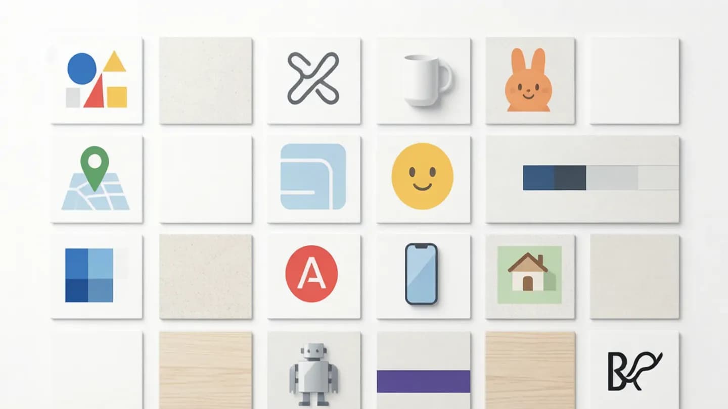 Moodboard shelf of reusable brand-block assets: logo, product, character, and location tiles