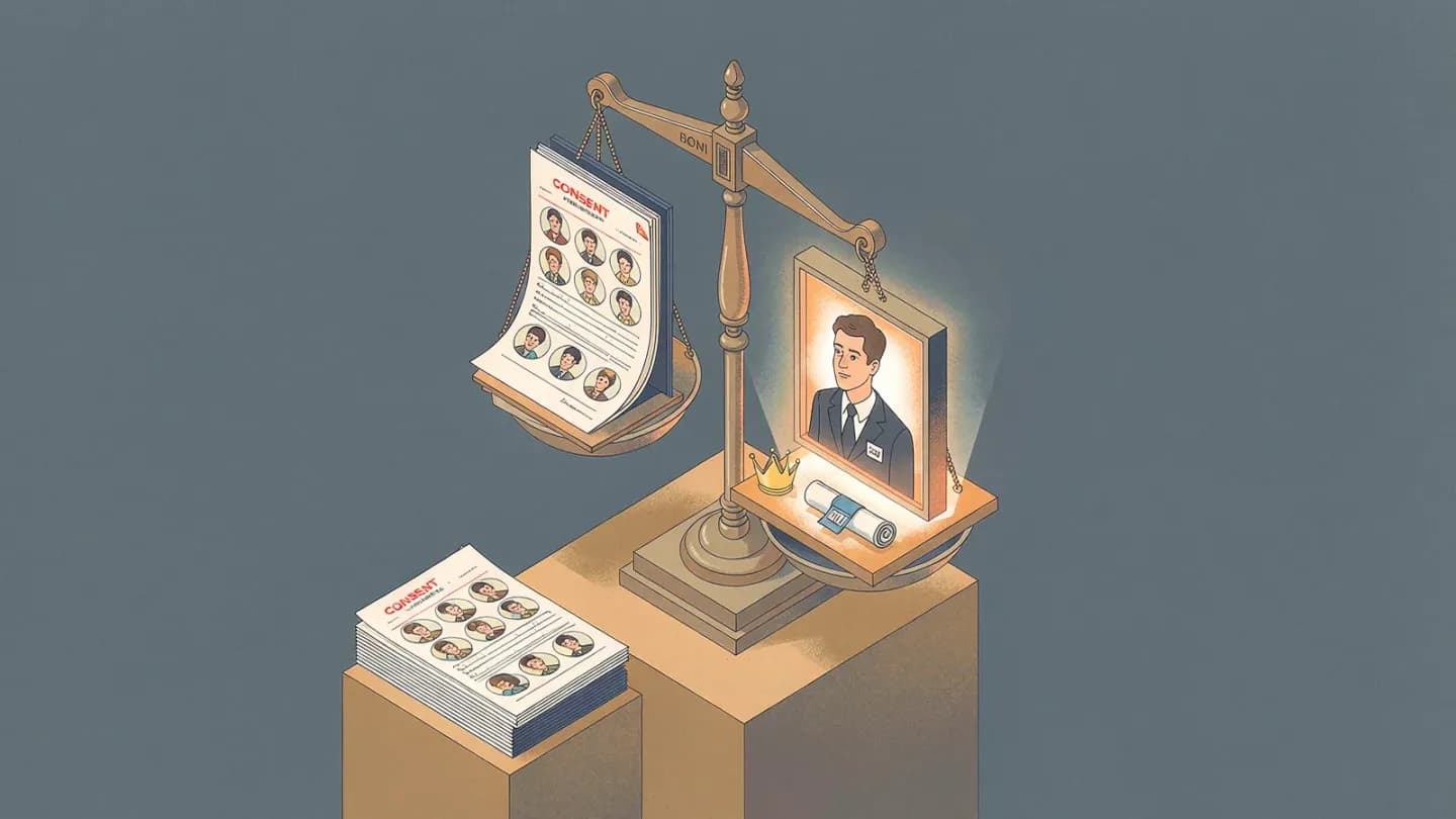 Balance scale weighing a synthetic celebrity cameo against a legal consent document