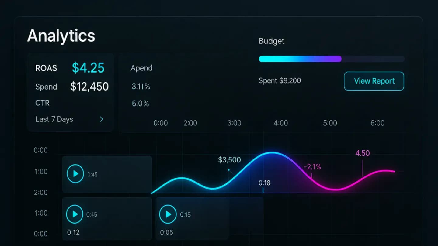An analytics dashboard overlaying ROAS and spend curves on a commercial video timeline
